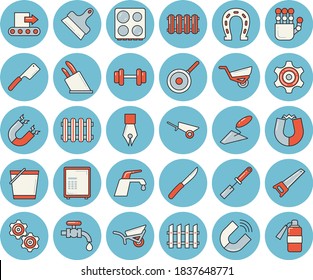 Thin line blue tinted icon set - trowel flat vector, wheelbarrow, saw, putty knife, fence, heating batteries, faucet, teflon, kitchen spatula, knives, electric stove, horseshoe, bucketful, garden