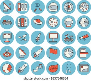 Thin line blue tinted icon set - main pipeline flat vector, tree leaf, satellite antenna, laser, billboard, rocket, earth, flag, moon, lunar rover, ufo, telescope, folders for papers, skipping rope