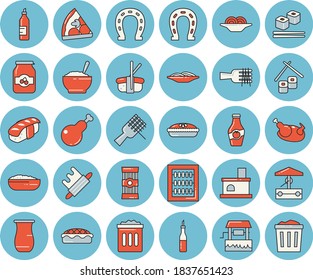 Juego de íconos de tintado de color azul delgado - vectores planos de vástago rodante, malabares, espagueti, salsa, sobre un tenedor, pizza, avena, pastel, pollo, rollos de pescado, sashimi, mermelada, mostaza, ketchup, bueno, herradura, chimenea