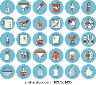 Thin line blue tinted icon set - cauldron flat vector, meashuring cup, temperature, sauce, cocktail, soda, coffe, pulverizer, drop, canister, glass bottles, funnel, pipette, blood test, ampoule