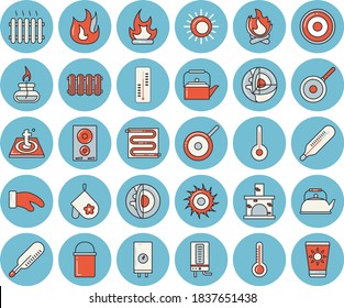 Thin line blue tinted icon set - warm floor flat vector, heating batteries, boiler, hiking pot, teflon, teapot, potholder, fire, induction cooker, temperature, thermometer, bonfire, fireplace, sun