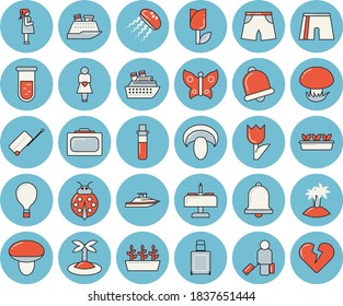 Thin line blue tinted icon set - mushroom flat vector, ladybird, tulip, seedlings, butterflies, blood test, gestation, athletic shorts, balloon, luggage, suitcase, island, romantic dinner, yacht