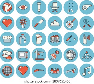 Thin line blue tinted icon set - teflon flat vector, cook hat, knives, microwave, sieve, windmill, knife, water tap, solar battery, crane, welding, mining, earth, phone call, heart, teamwork, tie