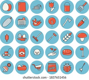 Thin line blue tinted icon set - ax flat vector, hiking pot, cutting board, egg, mushroom, salad, cutlet, hot peppers, cucumber, jam, seeds, ear, carrot, tree, ladybird, pitchfork, hose, seedlings