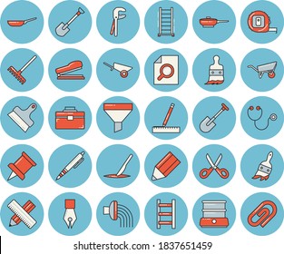 Thin line blue tinted icon set - wheelbarrow flat vector, tool, tape measure, bag, ladder, putty knife, frying pan, scissors, double boiler, shovel, paint brush, rake, hose irrigation, funnel, clip