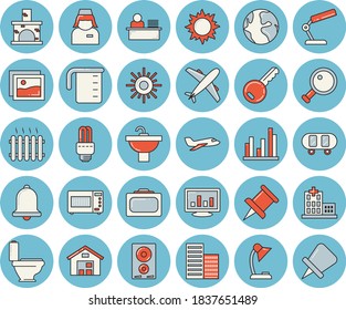 Dünnblauer, getönter Symbol-Set - Waschbecken, Flachvektor, Toilette, Wolkenkratzer, Messbecher, Induktionskocher, Mikrowelle, Sonne, Kamin, Heizkörper, Erde, Lager, Krankenhaus, Krankenschwester, Ziehstift, Luftfahrzeug