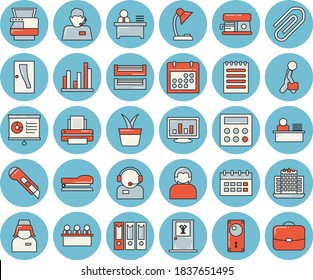 Thin line blue tinted icon set - Entrance door flat vector, lock, stationery knife, coffee machine, home plant, telephone operator, nurse, calendar, clip, chart, computer, statistic, calculator