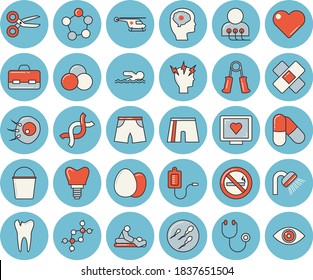 Thin line blue tinted icon set - shower flat vector, egg, bucketful, medical warmer, computer diagnostics of health, stethoscope, briefcase, massage, headache, patch, helicopter, DNA, molecules, eye