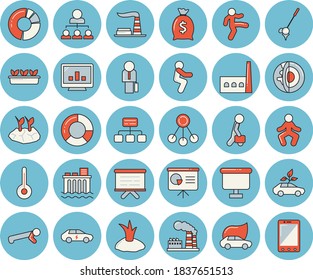 Thin line blue tinted icon set - temperature flat vector, planting plants, seedlings, factory, hydroelectric power station, manufactory, eco cars, electric, hierarchy, wealth, flipchart, businessman