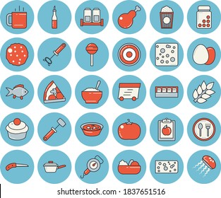 Thin line blue tinted icon set - saute flat vector, spring balance, whisk, meat hammer, induction cooker, spice, egg, table setting, fish, sauce, cheese, pizza, cupcake, salad, soup, porridge, tea