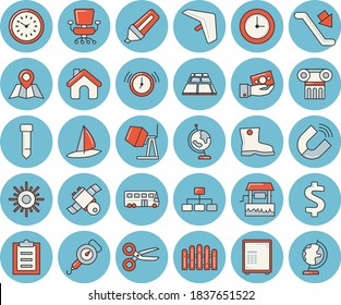 Thin line blue tinted icon set - house flat vector, concrete mixer, flooring, spring balance, well, fence, gumboots, sun, magnet, marker, dollar, investments, clock, clipboard, office chair, tie