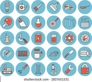 Thin Line Blue Tinted Icon Set - Brick Wall Flat Vector, Saw, Ladder, Shower, Repair, Putty Knife, Heating Batteries, Frying Pan, Teflon, Whisk, Knives, Microwave, Hose, Watering Can, Ventilation