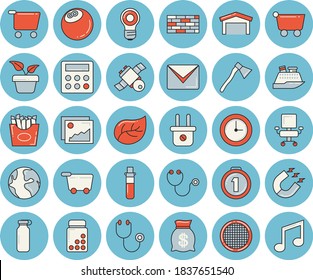 Thin line blue tinted icon set - brick wall flat vector, ax, sieve, French fries, home plant, tree leaf, plug socket, magnet, grocery trolley, warehouse, earth, wealth, blood test, stethoscope, mail