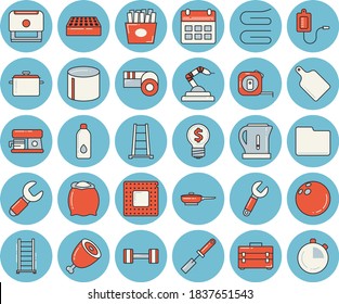 Juego de íconos de color azul claro - cinta medida vector plano, bolsa de herramientas, escalera, ladrillo, cacerola, sartén, sartén frito, hervidor eléctrico, espátula de cocina, toalla, tabla de cortar, cafetera, harina, jamón, robótica