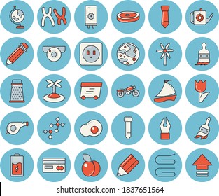 Thin line blue tinted icon set - sockets flat vector, boiler, towel, grater, chop, scrambled eggs, plum, windmill, paint brush, watering can, tulip, battery, credit card, express delivery, sailboat