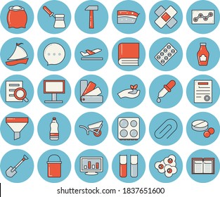Thin line blue tinted icon set - color scheme flat vector, hammer, hiking pot, turk, electric stove, flour, ketchup, piece of cake, popcorn, shovel, seedlings, garden wheelbarrow, billboard, funnel