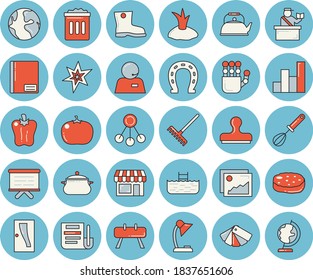 Thin line blue tinted icon set - color scheme flat vector, Entrance door, saucepan, teapot, whisk, cutlet, bell pepper, tomato, horseshoe, rake, planting plants, gumboots, hierarchy, earth, notebook