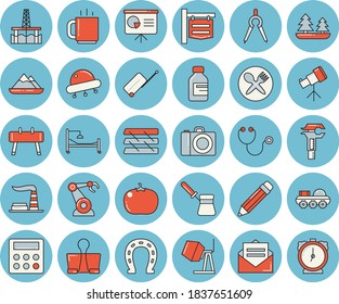 Thin line blue tinted icon set - concrete mixer flat vector, turk, tomato, horseshoe, oil production platform, factory, forest, robotics, dividers, trammel, signboard, vial, stethoscope, coffee, ufo