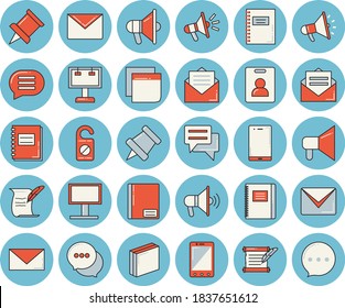 Thin line blue tinted icon set - billboard flat vector, mouthpiece, chat, notebook, sticker, mail, hostory roll, pushpin, indentity card, do not disturb, message, envelope, mobile