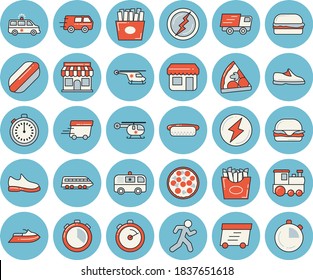 Juego de íconos de tono azul delgado - cronómetro vectorial plano, hamburguesa, hot dog, pizza, patatas fritas, tienda delantera, transporte en camión, entrega urgente, ambulancia, helicóptero, rayo, zapatillas, correr, tren