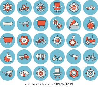 Thin line blue tinted icon set - wheelbarrow flat vector, cogwheel, color scheme, pickup truck, tractor, garden, grocery trolley, disabled, office chair, skateboard, bicycle, steering wheel