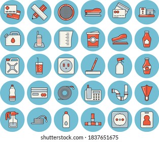 Thin line blue tinted icon set - pipes flat vector, sockets, measure, meashuring cup, food processor, sieve, ketchup, soda, coffe, pulverizer, hose, canister, credit card, telephone, stapler, water