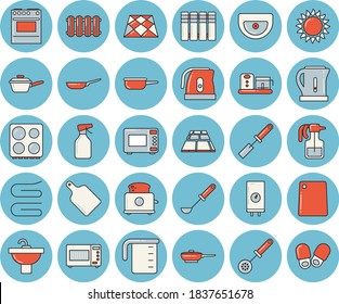 Thin line blue tinted icon set - sink flat vector, flooring, heating batteries, boiler, frying pan, saute, meashuring cup, electric kettle, ladle, kitchen spatula, spoon, towel, cutting board, stove