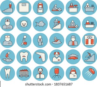 Thin line blue tinted icon set - fish flat vector, mining, person, physician, virus, massage, nurse, caries, office worker, businessman, career ladder, scientist, weighing machine, hike, hang glider