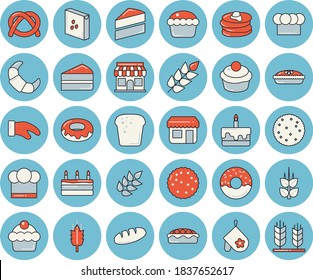 Thin line blue tinted icon set - cake flat vector, cook hat, potholder, groats, ear, biscuit, pancakes, bagel, croissant, bread, cupcake, piece of, donut, pie, store front