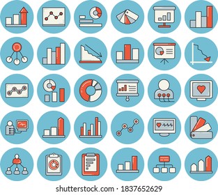 Thin line blue tinted icon set - color scheme flat vector, hierarchy, graphic report, crisis, chart, statistics, scatter, computer diagnostics of health, statistic, clircle diagram, point