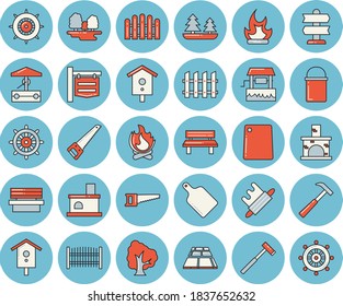 Dünne Linie blaues, getöntes Symbol Set - Säge flache Vektorgrafik, Zaun, Fußboden, Axt, Hammer, Wandertopf, rollender Pin, Schneidbrett, gut, Nistkasten, Baum, Feuer, Bank, Kamin, Wald, Signatur, Zeiger