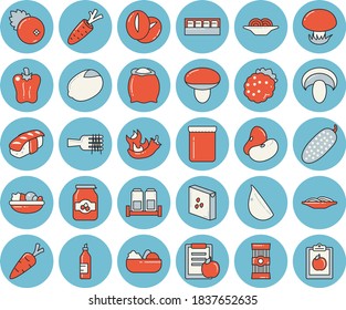 Thin line blue tinted icon set - spice flat vector, flour, groats, spaghetti, legumes, lemon, on a fork, mushroom, salad, coffee beans, garlic, bell pepper, hot peppers, cucumber, sashimi, jam, diet