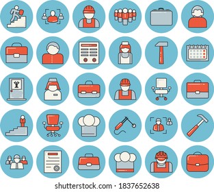 Thin line blue tinted icon set - builder flat vector, hammer, cook hat, construction worker, welding, case, team, calendar, briefcase, nurse, recruitment, office chair, contract, career ladder, user