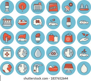 Thin line blue tinted icon set - salad flat vector, seeds, tree, seedlings, solar battery, earth, forest, hydroelectric power station, energy saving lamp, eco cars, electric, carbon dioxide, bags