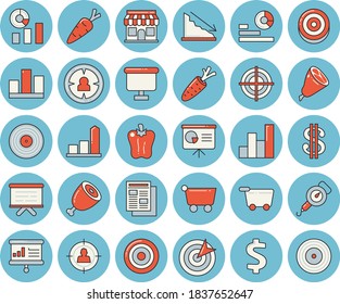 Thin line blue tinted icon set - spring balance flat vector, ham, bell pepper, carrot, store front, grocery trolley, target audience, crisis, chart, dollar, statistics, flipchart, news, statistic