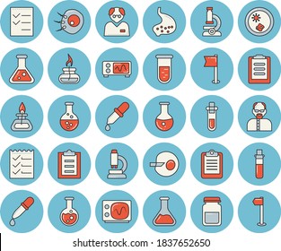 Juego de íconos de color azul claro - química vector plano, pipeta, análisis de sangre, portapapeles, análisis médico, inseminación artificial, estómago, lista de tareas, matraz, microscopio, quemador de gas, osciloscopio