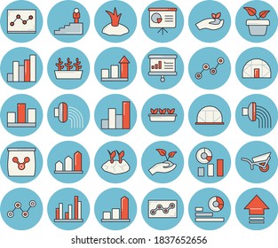 Thin line blue tinted icon set - home plant flat vector, seedlings, planting plants, hose irrigation, garden wheelbarrow, greenhouse, fertilizer vectory, chart, statistics, scatter, statistic