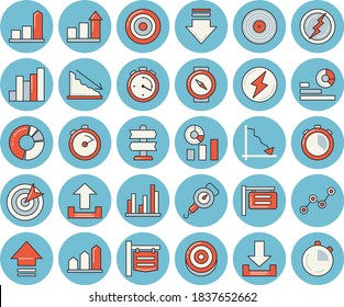 Thin line blue tinted icon set - spring balance flat vector, stopwatch, signboard, crisis, chart, statistics, scatter, statistic, clircle diagram, target, lightning, achievement, pointer, compass