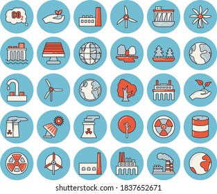 Thin line blue tinted icon set - faucet flat vector, tree, seedlings, solar battery, windmill, earth, factory, oil tanks, forest, hydroelectric power station, manufactory, plant, radiation, nuclear