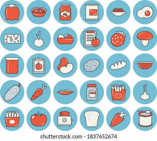 Juego de íconos tintados de color azul delgado - colander vector plano, tostadora, harina, setas, papa, tomate, legumbres, cebolla, zanahoria, queso, pan, espagueti, ensalada, sopa, pepino, patatas fritas, huevos revueltos