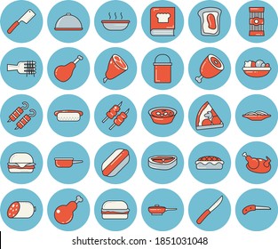 Thin line blue tinted icon set - frying pan flat vector, hiking pot, saute, knives, cookbook, dish, spaghetti, chop, ham, sausage, on a fork, hamburger, hot dog, pizza, salad, soup, pie, chicken