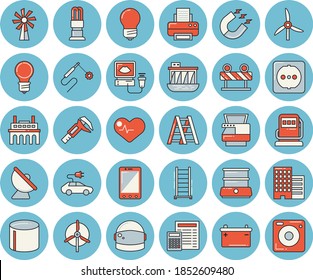 Thin line blue tinted icon set - ladder flat vector, sockets, energy saving lamp, skyscraper, calculator, barrier, double boiler, windmill, trammel, refueling, accumulator, plant, electric cars