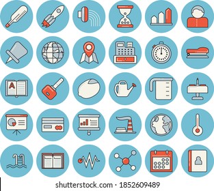 Dünnlinblau getöntes Symbol Set - Messbecher mit flacher Vektorgrafik, Temperatur, Zitronen, Wasserkanister, Schlauchbewässerung, Erde, Fabrik, Rakete, Kreditkarte, Geldautomat, Thermometer, Kalender, Stapler, Schlüssel