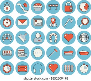 Thin line blue tinted icon set - tool bag flat vector, putty knife, ax, barrier, stopwatch, cupcake, porridge, horseshoe, conveyor, radiator, magnifier, earth, heart, document, phone operator, lock