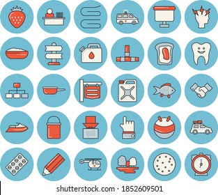 Thin line blue tinted icon set - pipes flat vector, hiking pot, saute, towel, fish, biscuit, porridge, Strawberry, sandwich, forest, canister, signboard, flipchart, pill packaging, headache, tooth