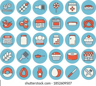 Thin line blue tinted icon set - frying pan flat vector, cook hat, knives, electric stove, glass jar, ketchup, bagel, cake, sausage, egg, canned food, spaghetti on a fork, hot dog, cupcake, donut