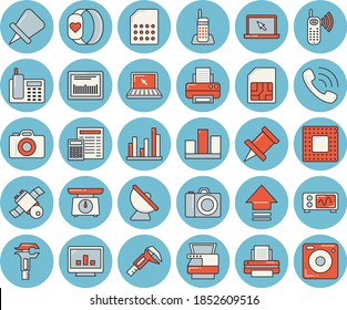 Thin line blue tinted icon set - calculator flat vector, weighing machine, trammel, satellite antenna, SIM card, phone call, barcode, computer chart, statistic, telephone, printer, copy, laptop, cpu