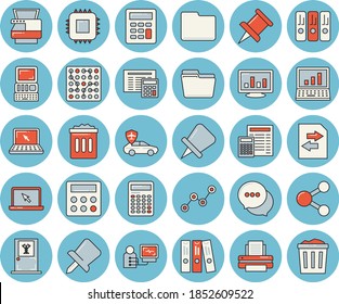 Juego de iconos tintados de color azul claro - calculadora vector plano, piloto automático, placa base, gráfico disperso, chat, diagnóstico, pin de dibujo, ordenador, archivo, carpeta, impresora, máquina de copia, laptop, consultorio médico