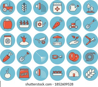 Thin line blue tinted icon set - flour flat vector, coffee beans, onion, seeds, ear, fertilizer vectory, well, carrot, tractor, shovel, hose, secateurs, seedlings, rake, watering can, irrigation