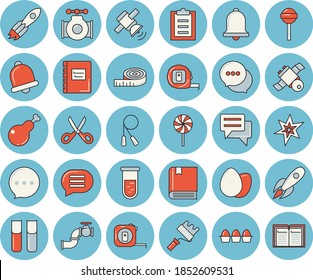 Thin line blue tinted icon set - tape measure flat vector, paint roller, scissors, egg, chicken, lollipop, main pipeline, rocket, chat, blood test, clipboard, book, satellit, spark, textbook, bell
